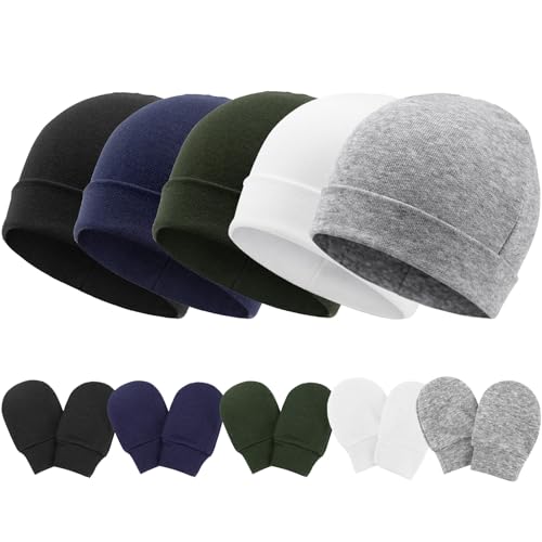 Image of AQOKKA Baby Hats and Mittens Set Toddler Cotton Beanie Infant Cap No Scratch Gloves Newborn Hospital Hats