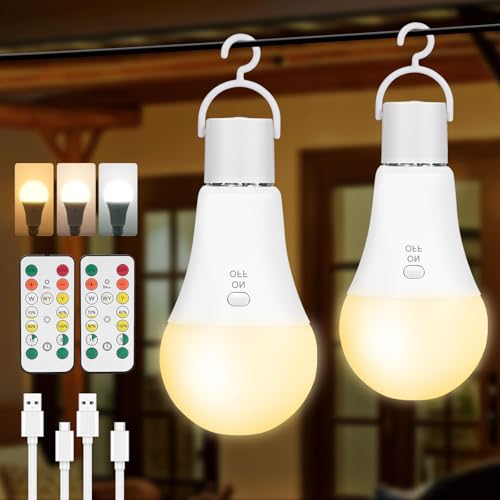 2 Pack Rechargeable Light Bulbs Battery Operated Light Bulbs with Remote Keep Lighting During Power Outage 2600mAh A19 Emergency Wireless Battery Light Bulb with 3 Colors Dimmable Timer for Home