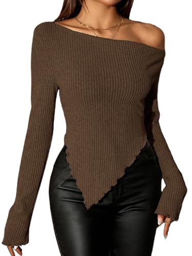 Milumia Women's Sexy One Off The Shoulder Long Sleeve Top Asymmetrical Hem Ribbed Knit Tee Tops