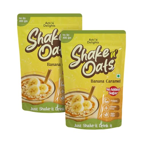 Active Delights Shake n Oats Banana Caramel 400g Pack of 2 | No Added Sugar | High Protein, Calcium & Fibre | Gluten Free | Instant Oatmeal Drink | Ready in 30 Seconds | Quick Breakfast | Supports Weight Management & Muscle Recovery | Healthy Breakfast