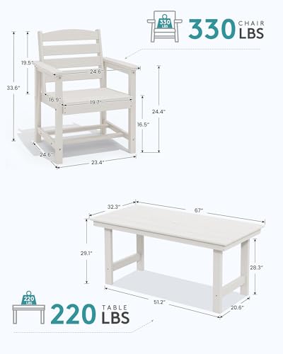 Image of SERWALL 7 Pcs Outdoor Dining Set, 1 Umbrella Hole Table & 6 Chairs, White | HDPE Outdoor Dining Furniture with Rectangular Table & 6 Chairs, All-Weather Resistant SERWALL Dining Set for 6