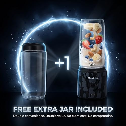 Image of BlendLife GO Portable Blender Juicer Mixer, 420ml, Proudly Made in Bharat, 32 Blades, 7.4V & USB-C Rechargeable 2000mAh Battery, BIS Certified, Includes FREE Extra Jar, BPA-Free (Camo Black)