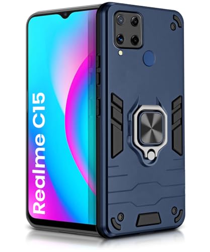 Image of WOW IMAGINE Shock Proof Back Case Mobile Cover for Realme C15 | Back Cover Case (Tough Armor | Hybrid PC + TPU | Ring Holder & in-Built Kickstand | Blue)