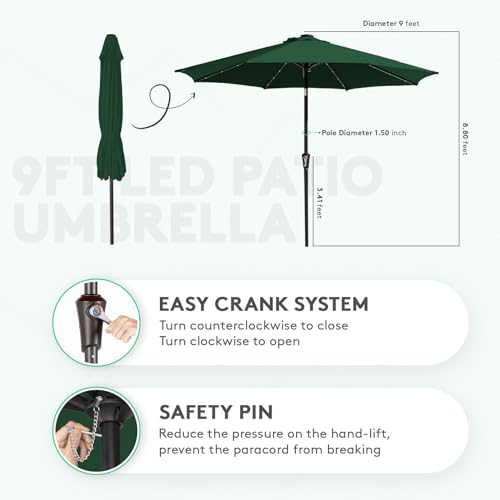 Image of JEAREY 9FT Outdoor Patio Umbrella with Solar Lights, LED Lighted Pool Umbrella with Tilt and Crank, Outdoor Table Umbrellas for Deck, Yard & Market (Dark Green)