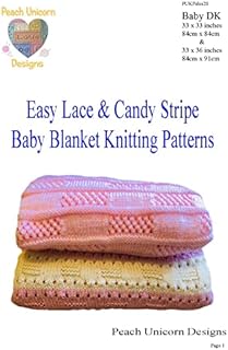 Knitting Patterns for Baby Blankets x 2, Easy Lace & Candy Stripe, Double Knit DK Yarn, Beginner Lace Patterns, A4 Pattern Booklet