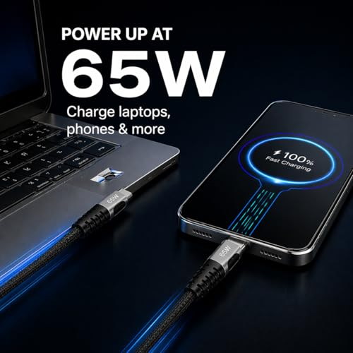 Image of Noise 65W Fast Charging USB C to USB C Cable | 50x More Durable | 1M / 3.3Ft | 5A PD charge | 480 Mbps Transfer Speed | Braided Cable For iPhones, Android, Laptops, MacBooks, Tablets (Black)