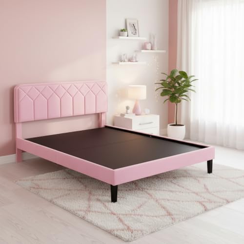 Image of APRODZ Queen Size Bed | Upholstered Platform Bed Frame with Velvet Tufted Headboard & Wooden Slat Support | Bed Queen Size Without Storage | No Box Spring Required | Black Wooden Legs Pink Fabric