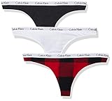 Calvin Klein Women's Carousel Logo Cotton Stretch Thong Panties, 3 Pack, Ranier Stripe/Strawberry Shake/Black, X-Large