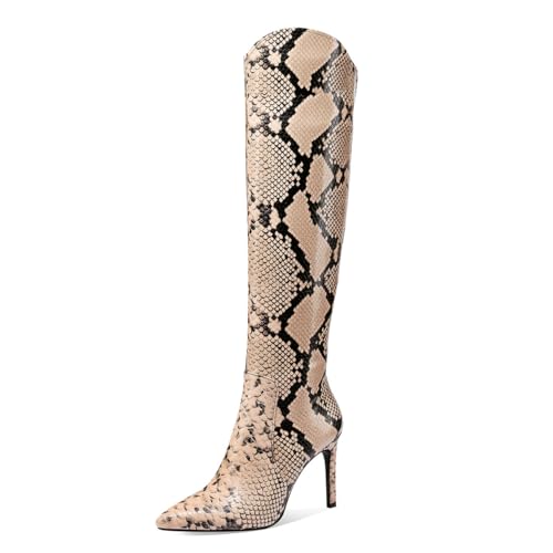 JANSEVEN Snakeskin Knee High Boots for Women Snake Skin Tall Boot with Stiletto High Heel Python Print Pointed Toe Fashion Boots Side Zipper2