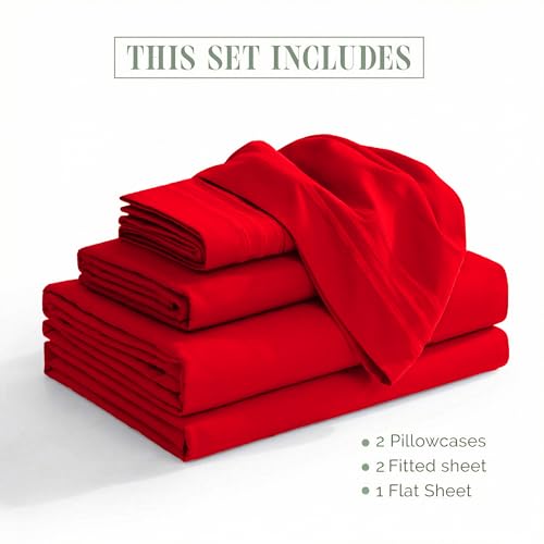 Image of Elegant Comfort Luxurious 1500 Premium Hotel Quality Microfiber Three Line Embroidered Softest 5-Piece Bed Sheet Set, Wrinkle and Fade Resistant, Split King, Red
