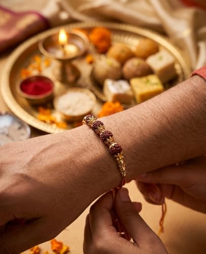 Image of Elegant Rudraksha Rakhi for Bhaiya with Roli Chawal, Traditional Spiritual Rudrakasha Beads Red and Yellow Thread Raksha Bandhan Rakhi Gift for Brother
