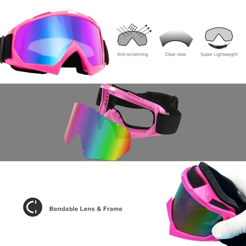 LJDJ Ski Goggles, Pack of 2 - Snowboard Adjustable UV 400 Protective Motorcycle Goggles Outdoor Sports Tactical Glasses (Black + Pink) - Thumbnail 4