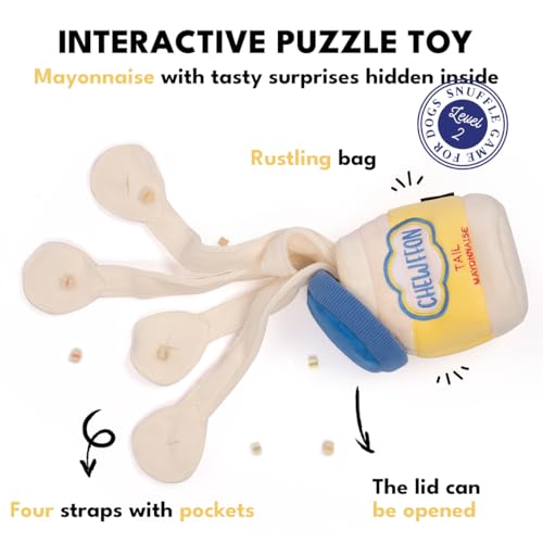 CHEWFFON Hundespielzeug, Interaktives Mayonnaise Jar Puzzle, Schnüffelspielzeug zur geistigen Stimulation, Verstecken Knistern Spielzeug für alle Hundegrößen