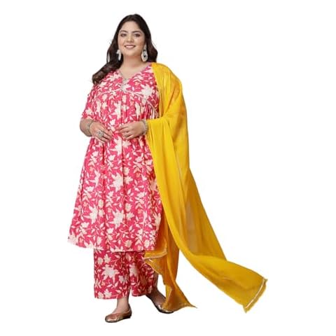 Stylum Plus Size Women Floral Printed Cotton Alia Cut Kurta Palazzo Dupatta Set Cover