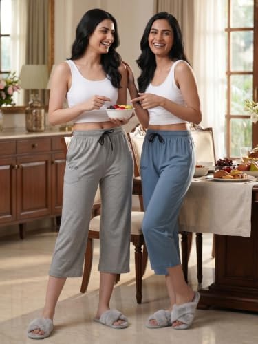 Image of Fflirtygo Women's Cotton Plain Calf Length Capri | Nightwear Short Pyjama | 3 /4th Solid Pyjama Pant | Regular Fit Casual & Lounge Wear Capri Combo (Pack of 2)