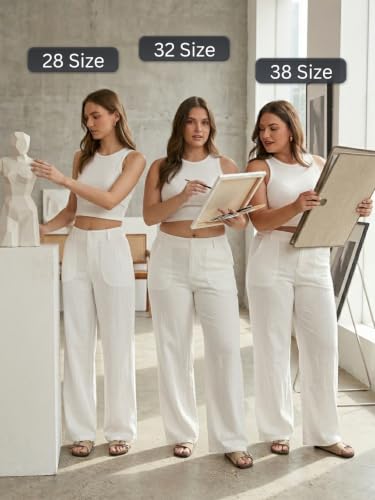 Image of GRECIILOOKS Beige Wide Leg Linen Trousers for Women | High Waist Cotton Baggy Korean Style Casual Pants | Comfortable Formal & Casual Women Trousers