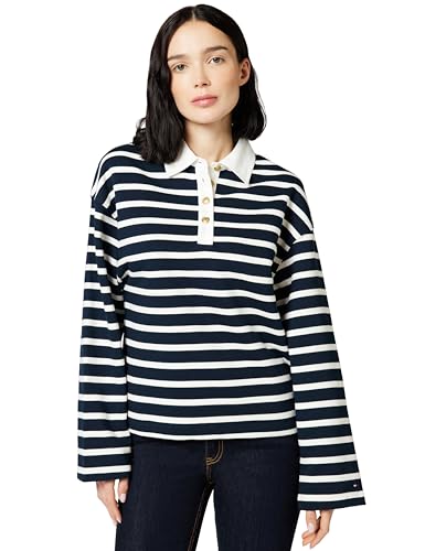 Tommy Hilfiger Jersey Mujer Gold Button Rugby Terry con Cuello francés, Multicolor (Dark Night Navy/Ivory Silk STP), XL