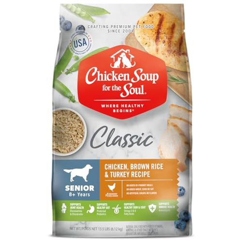 Chicken Soup for the Soul Natural Premium Senior/Mature Dry Dog Food, Real Meat First Ingredient, No By-Products, Supports Joint Health and Mobility, Chicken, Brown Rice & Turkey, 13.5lb