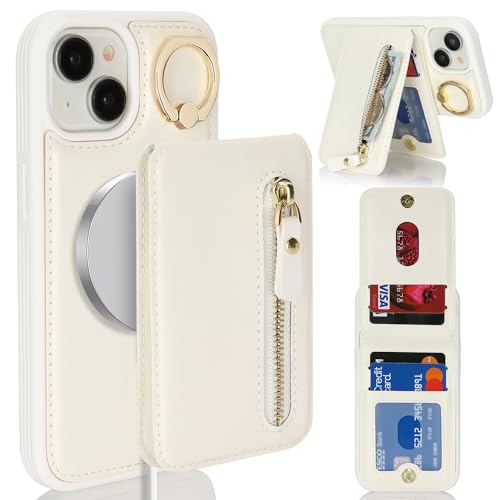 Image of iPhone 13 case with Card Holder, iPhone 13 Phone Case Wallet for Women magsafe Compatible Wallet Detachable 2-in-1 for Men-White