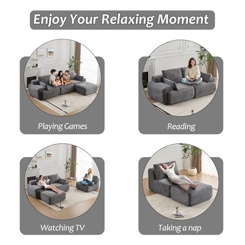 Image of L Shape Sofa Rearrangeable, Oversized Cloud Couch Sectional Modular Sofas with Detachable Ottoman, 4 Pillows and Deep Seat, Corduroy Boneless Couches Sets for Living Room, No Assembly Required, Grey