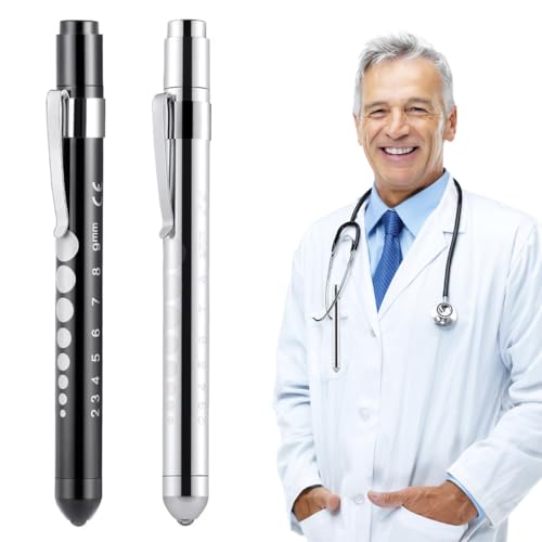 Tomedeks 2 piezas de linterna LED, linterna LED, lámpara de diagnóstico, examen clínico profesional, luz de bolígrafo para verificación de pupila oftálmica con calibrador de pupila