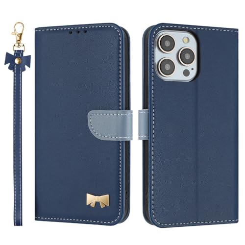 Étui portefeuille iPhone 16 Pro bleu avec clapet en cuir de couleur unie