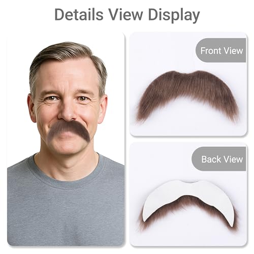 Miss U Hair 2pcs Self Adhesive Brown Fake Mustache for Men Halloween Costume Facial Hair Stick On Fake Beard