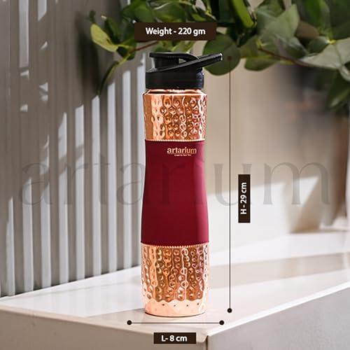 Image of Artarium Red Sipper Pure Copper Bottle 1 Litre Advanced Leak Proof Protection Durable & Rust Proof Copper Bottle With Added Health Benefits Anti Oxidant Properties (Sipper Water Bottle Red 29Cm)