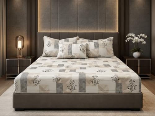 Image of 400 TC Cotton Feel Fully Elastic Fitted Bedsheet Queen Size Set || Includes 1 Elastic Bedsheet for Queen Size Double Bed with 2 Pillow Covers (60 inch x 78 inch inches, Beige)