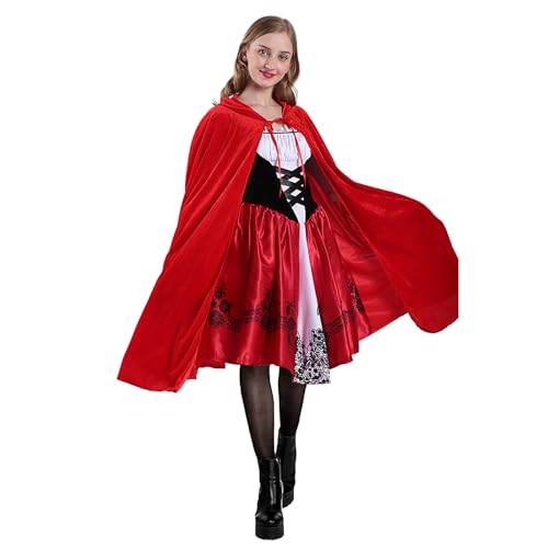 BOYIFEIJIE Rotkäppchen Kostüm Damen, Rotkäppchen Kleid, Rotkäppchen Umhang mit Kleid und Schwarze Strümpfe, Märchen Kostüm für Karneval...