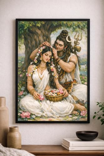 Image of hiva Parvati Love Story Framed Wall Art - 14x10 Inch Religious Hindu God Photo Frame for Home & Pooja Room Decor - High-Definition Sparkle Laminated Finish (Black Frame)