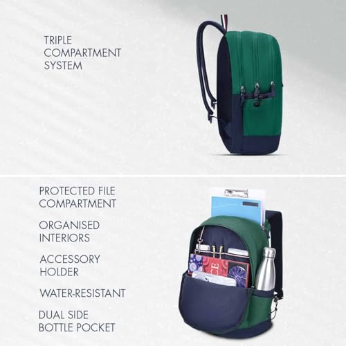 Image of Tommy Hilfiger Professional School Backpack Stud - Ornamental Green+Navy | Durable Water-Resistant Bag for Teens with Signature Metal Logo | 3 Compartments | Integrated Rain Cover | 30L Capacity