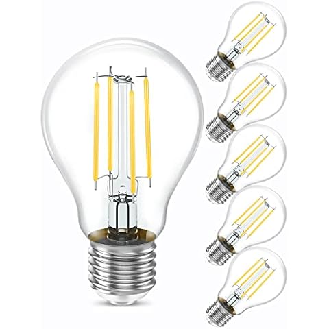 E27 Edison Screw Bulb 60W Equivalent, 8W 2700K Warm White LED Clear Filament Bulb, 806 Lumens, Non-Dimmable, A60 Classic Vintage Energy Saving LED Bulb - Pack of 6 Cover