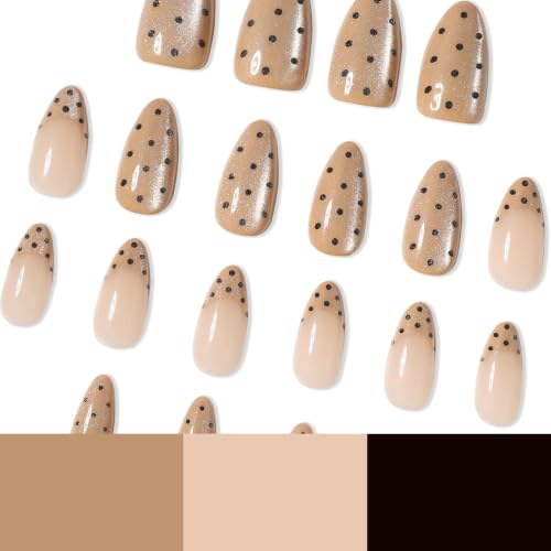 Image of Polka Dot Press on Nails Glitter Fake Nails Medium Almond Nails Press ons | French Tip False Nails with Design Shiny Glossy Full Cover Stick on Nails for Women Manicure 24Pcs,Reusable,Easy Apply