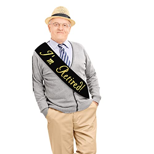 I’m Retired! Sash – Black & Gold Foil Retirement Sash for Women and Men & Large Safety Pin. Great for Retirement Party, Events and Decorations by JPACO (Black)2