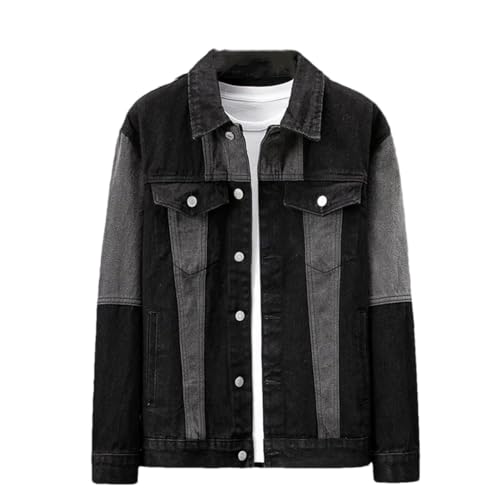 Men Spring Denim Jacket Color Blocking Loose Casual Coat Lapel Social with Pocket Outwear
