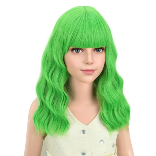 Image of PATTNIUM Girls Light Green Short Curly Wavy Wigs | Kids Light Green Wavy Synthetic Wig for Halloween Cosplay Costume Party Wig