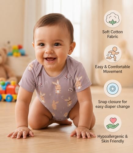 Image of First Kick BabySoft 100% Cotton Romper Set for Newborn Boys & Girls - Pack of 3 | Ultra Soft Breathable Half Sleeve Bodysuits