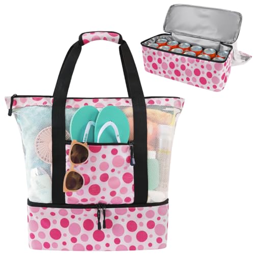 Mesh Beach Bag with Cooler for Women, 2-in-1 Print Travel Tote 30L with Zipper and Pockets Large for Pool Vacation Picnic