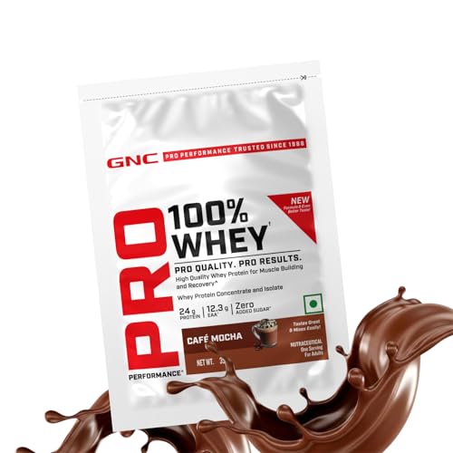 Image of GNC Pro Performance 100% Whey Protein | New Formulation | 24g Protein, 5.7g BCAAs, 12.3g EAAs | Added DigeZyme | Whey Isolate & Concentrate Blend, Low Carb (4.51g), No Added SugarCafe mocha35g