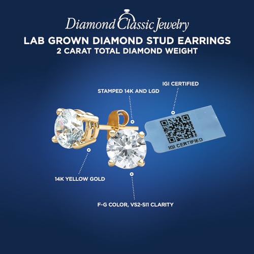Certified Lab Grown Diamond Stud Earrings 1/2 to 3 cttw (F-G Color, VS2-SI1 Clarity) 14kt Yellow or White Gold3