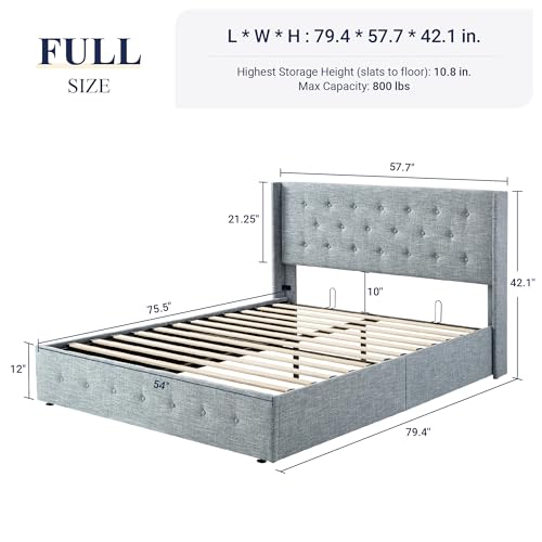 Allewie Full Size Lift Up Storage Bed, Button Tufted Headboard with Wingback, Hydraulic Support, No Box Spring Needed, Grey Blue