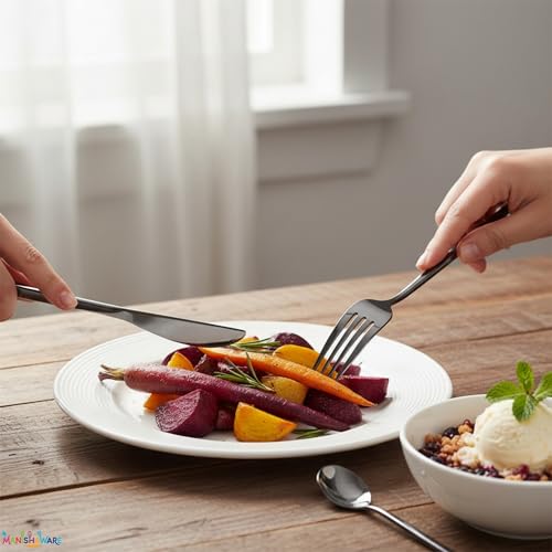 Image of Slim Handle Black 8 Pcs Stainless Steel Cutlery Set for Dining Table, Dishwasher Safe Glossy Flatware (2 Spoon Set + 2 Forks Set + 2 Butter Knife + 2 Dessert Spoon)