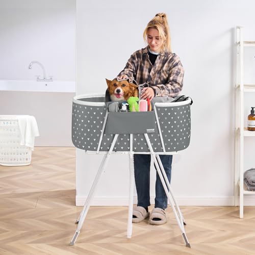 VEVOR Tragbare Hundebadewanne, erhöhte und zusammenklappbare, Haustierbadewanne mit effizienter Entwässerung, Badewanne zum Waschen und Pflegen Kleiner und mittelgroßer Hunde und Katzen, grau