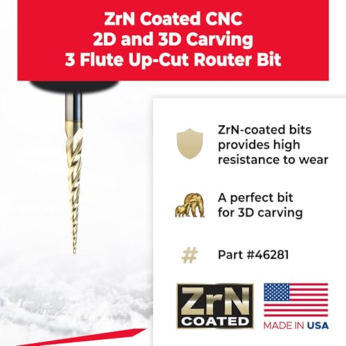 Image of Amana Tool Up Cut Spiral CNC Router Bits for 2D /3D Carving, ZrN Coated, 46281, 3.6 Deg Tapered Angle Ball Tip 1 /16 Dia x 1 /32 Radius x 1-1 /2 x 1 /4 Shank x 3 Inch Long x 3 Flute