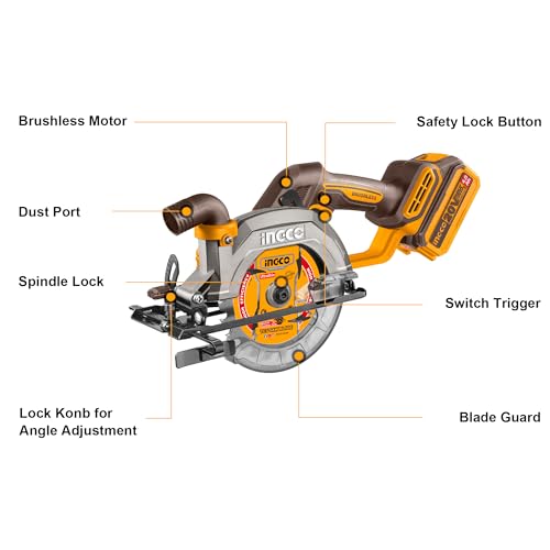 Image of INGCO 20V Cordless Circular Saw (Body Only) 140mm, Brushless Motor, 6300RPM Max. Cutting Depth 50mm (90) Electric Circular Saw, 20mm Arbor CSLI1402