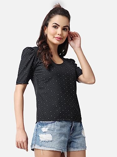 Image of POPWINGS Casual Printed Puff Sleeves Round Neck Top for Women || Stylish Summer Tops for Women || Hip-Length Women Top
