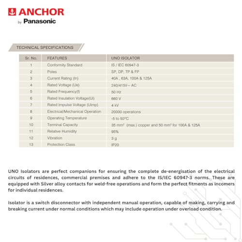 Image of Anchor by Panasonic UNO Series 100 Amp 4 Pole Isolator (98099)