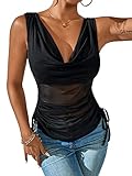 Verdusa Women's Sheer Mesh Ruched Drawstring Tie Side Draped Neck Sleeveless Tank Top Black S