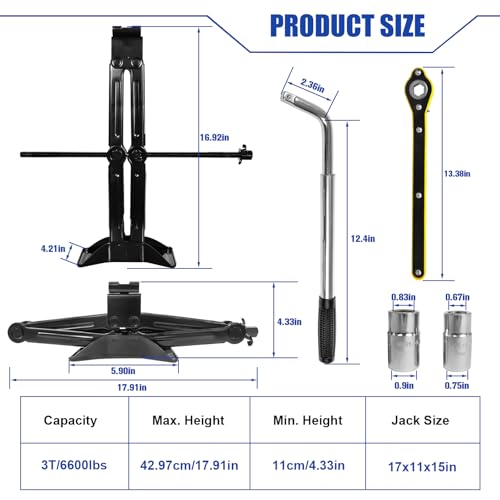 Image of Scissor Jack 3 Ton | Universal | Tire Changing Car Emergency Kit with Drill Adapter, 7 Pcs